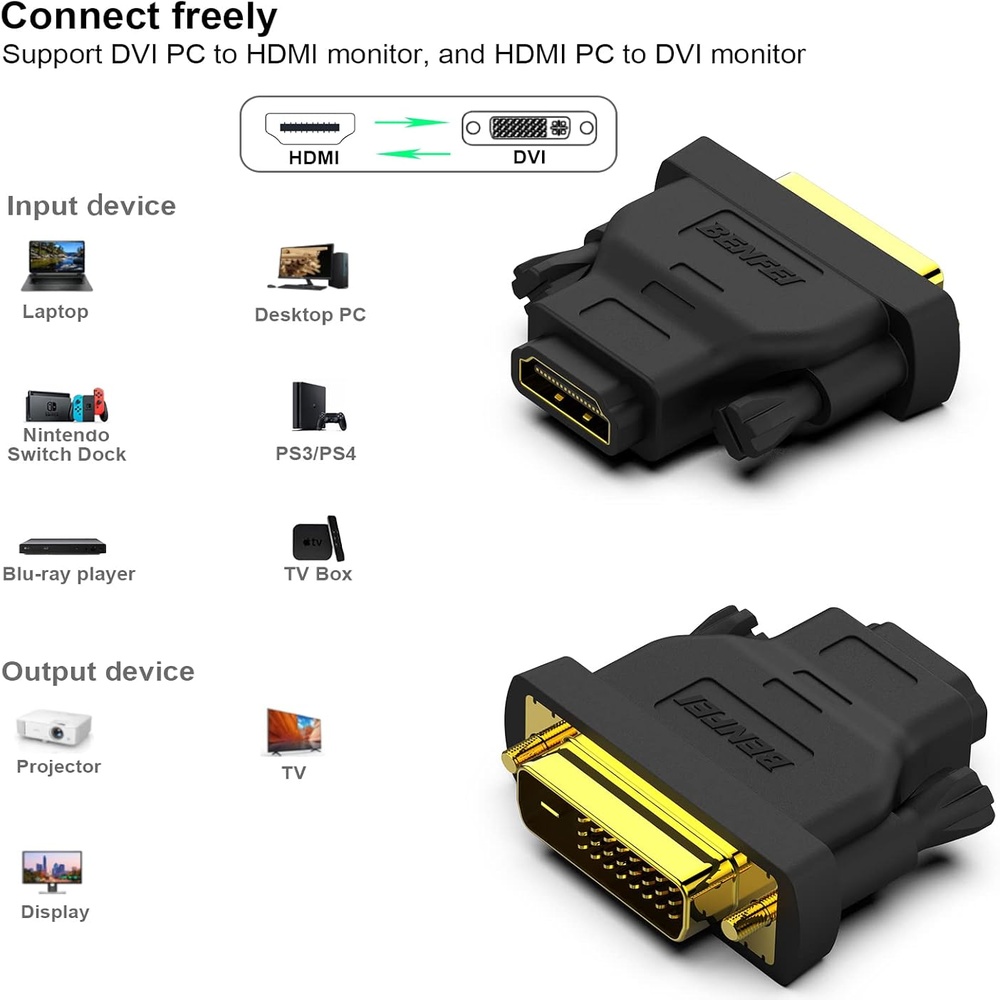 Adaptador Benfei DVI Para HDMI Macho/Fêmea 2 Peças Ouro