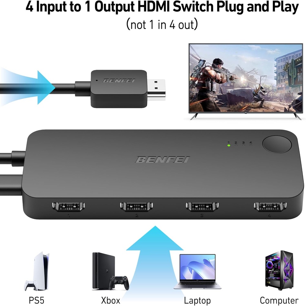 Benfei Hdmi Switch 4IN1 Saída 4K60Hz 2K 144Hz Tv Pc Xbox