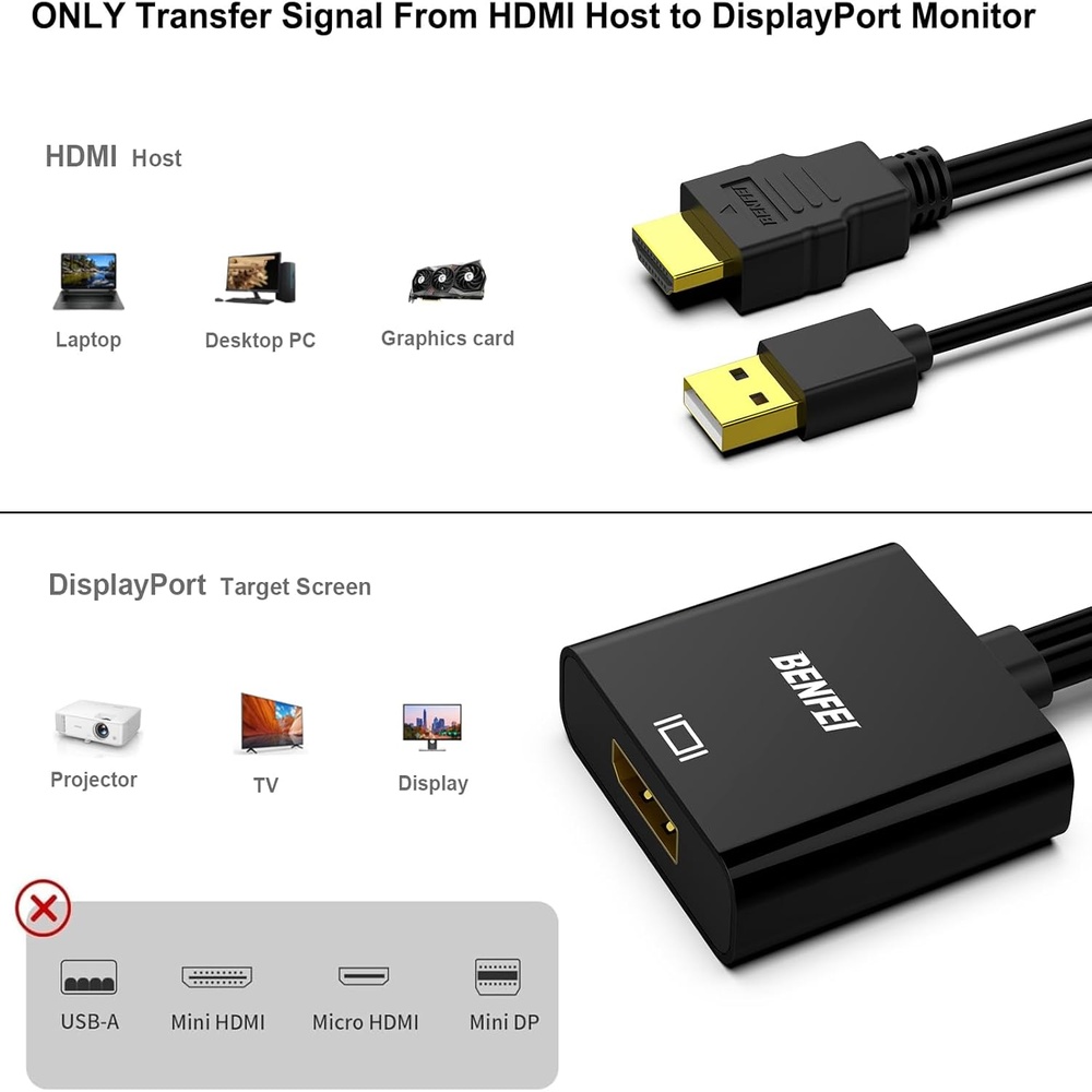 Benfei Adaptador HDMI Para DisplayPort 4K 30Hz Conversor