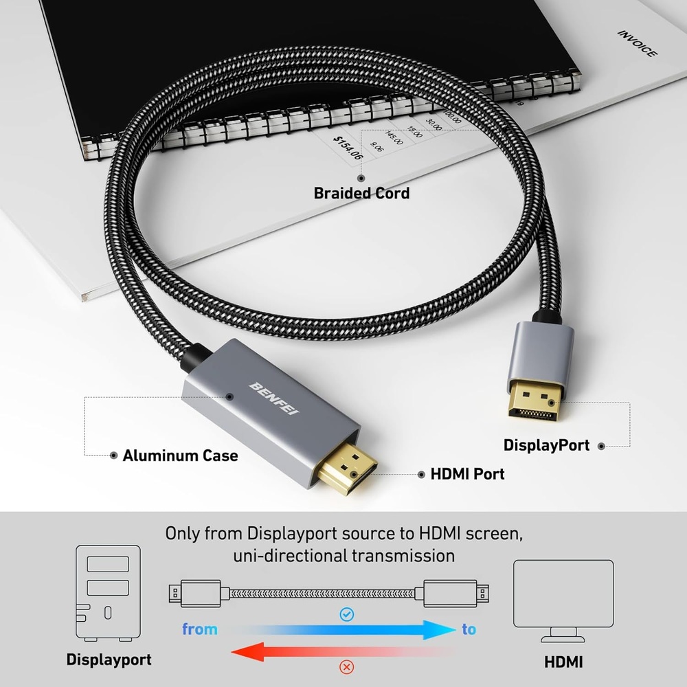 Cabo DisplayPort Para HDMI Benfei 4K 0,9m Nylon Trançado