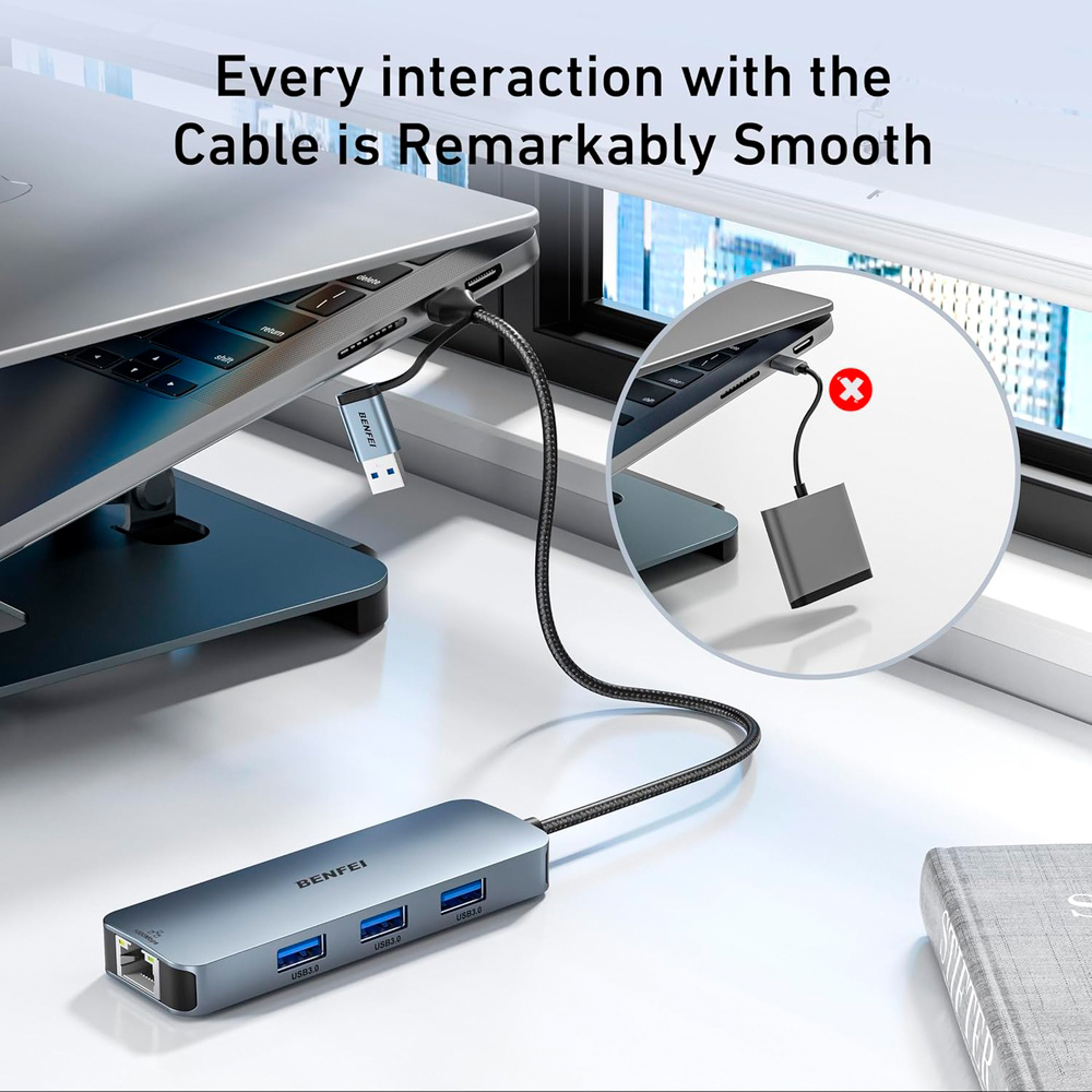 Adaptador Ethernet BENFEI USB C Gigabit RJ45 Hub 3 Portas
