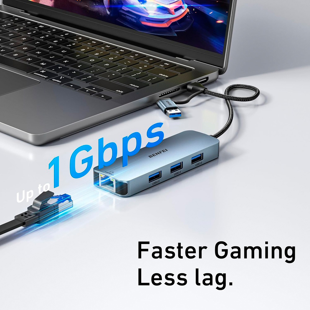 Adaptador Ethernet BENFEI USB C Gigabit RJ45 Hub 3 Portas