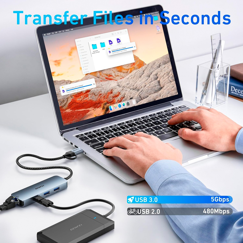 Adaptador Ethernet BENFEI USB C Gigabit RJ45 Hub 3 Portas