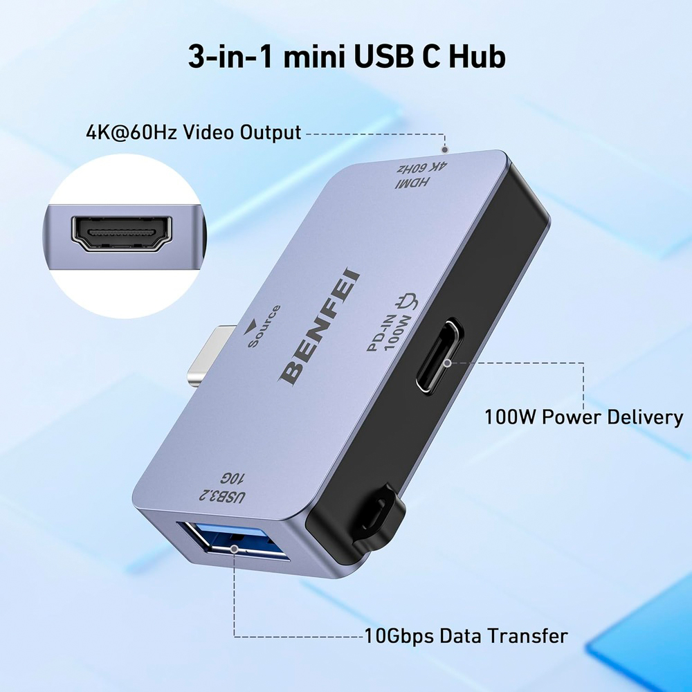 Benfei Hub USB-C 3 Em 1 Hdmi 4K Usb 3.0 Usb C Pd Cinza