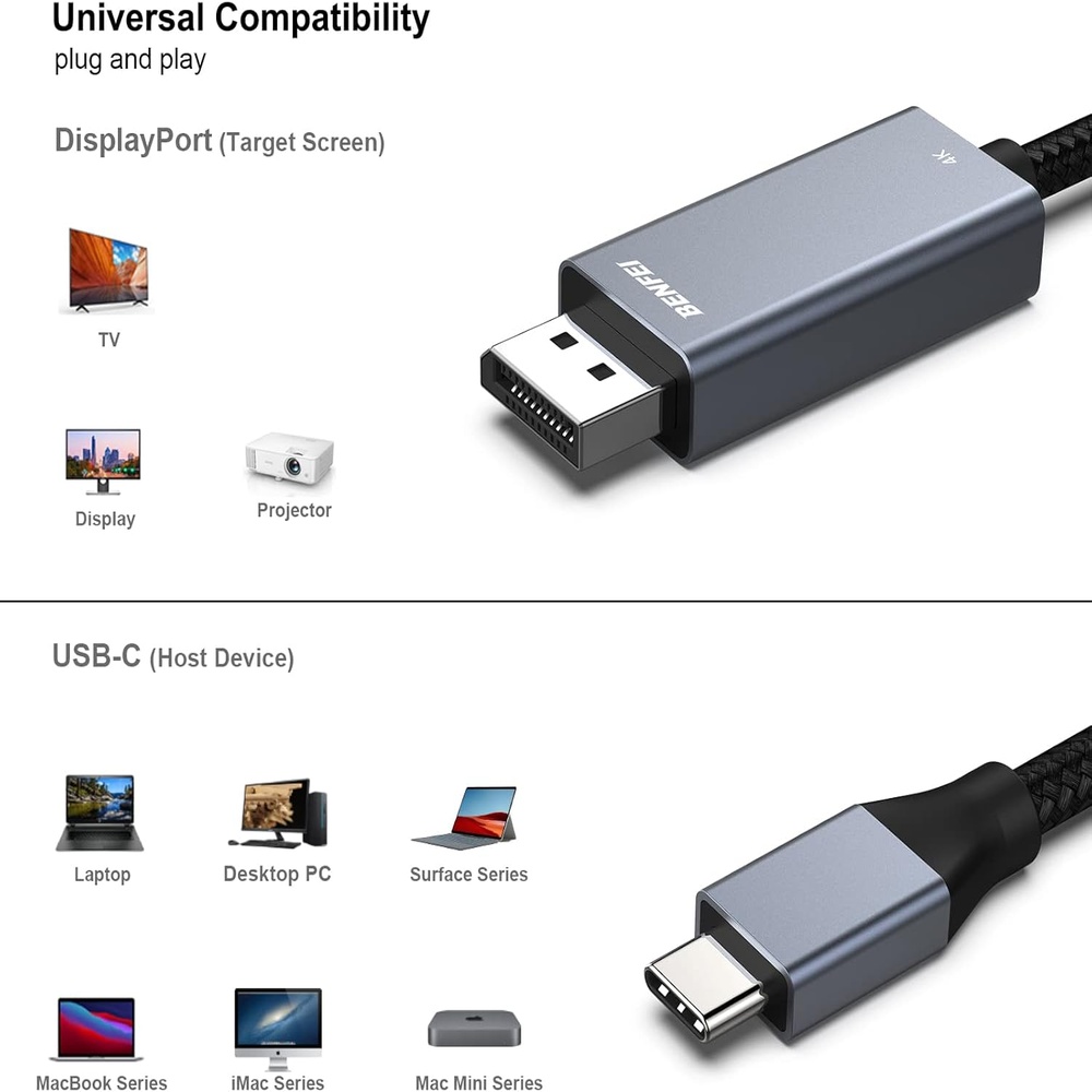 Benfei Cabo Usb-C para DisplayPort 8K 60Hz 4K 144Hz 0,9M