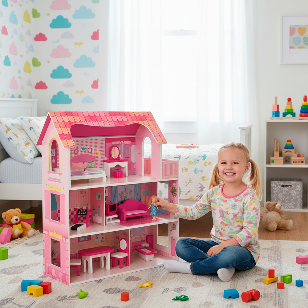 Casa De Boneca De Madeira Life Com Móveis Miniatura Infantil