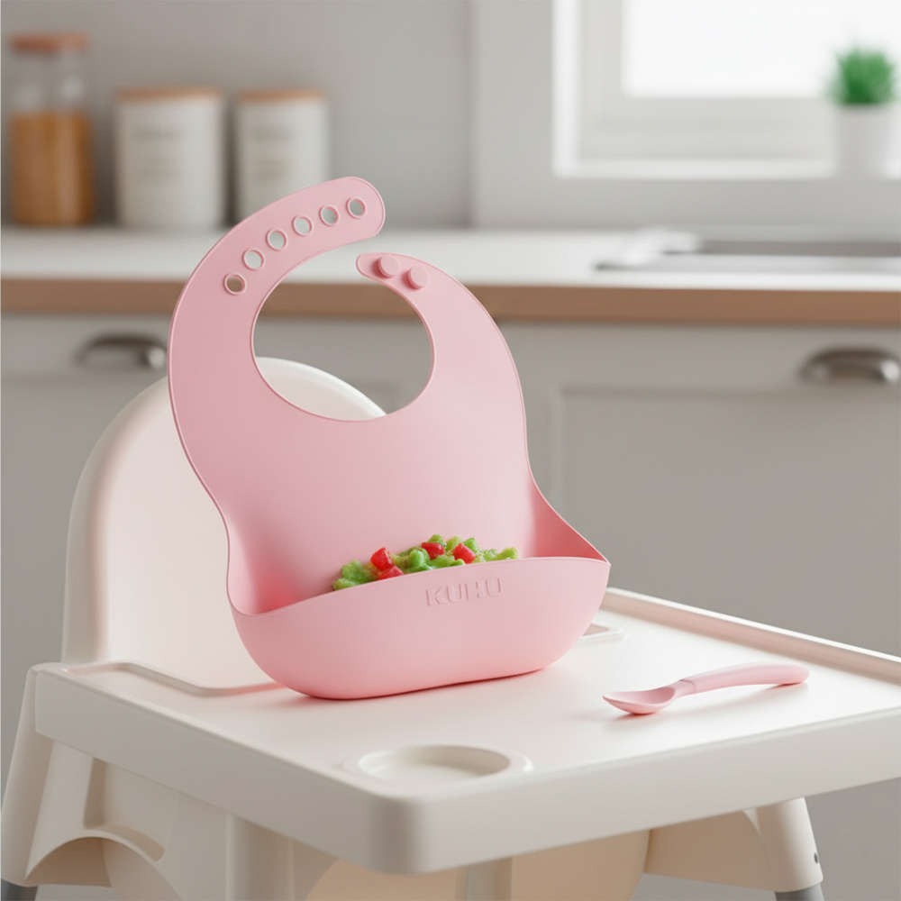 Kuhu Babador Silicone Bebê Rosa Com Coletor De Migalhas