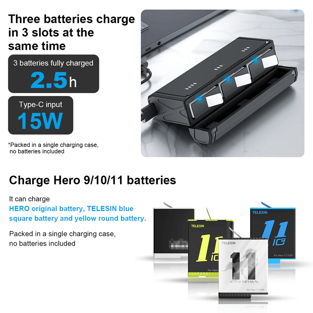 Telesin Carregador 3 Baterias GoPro Hero 9 10 11 12