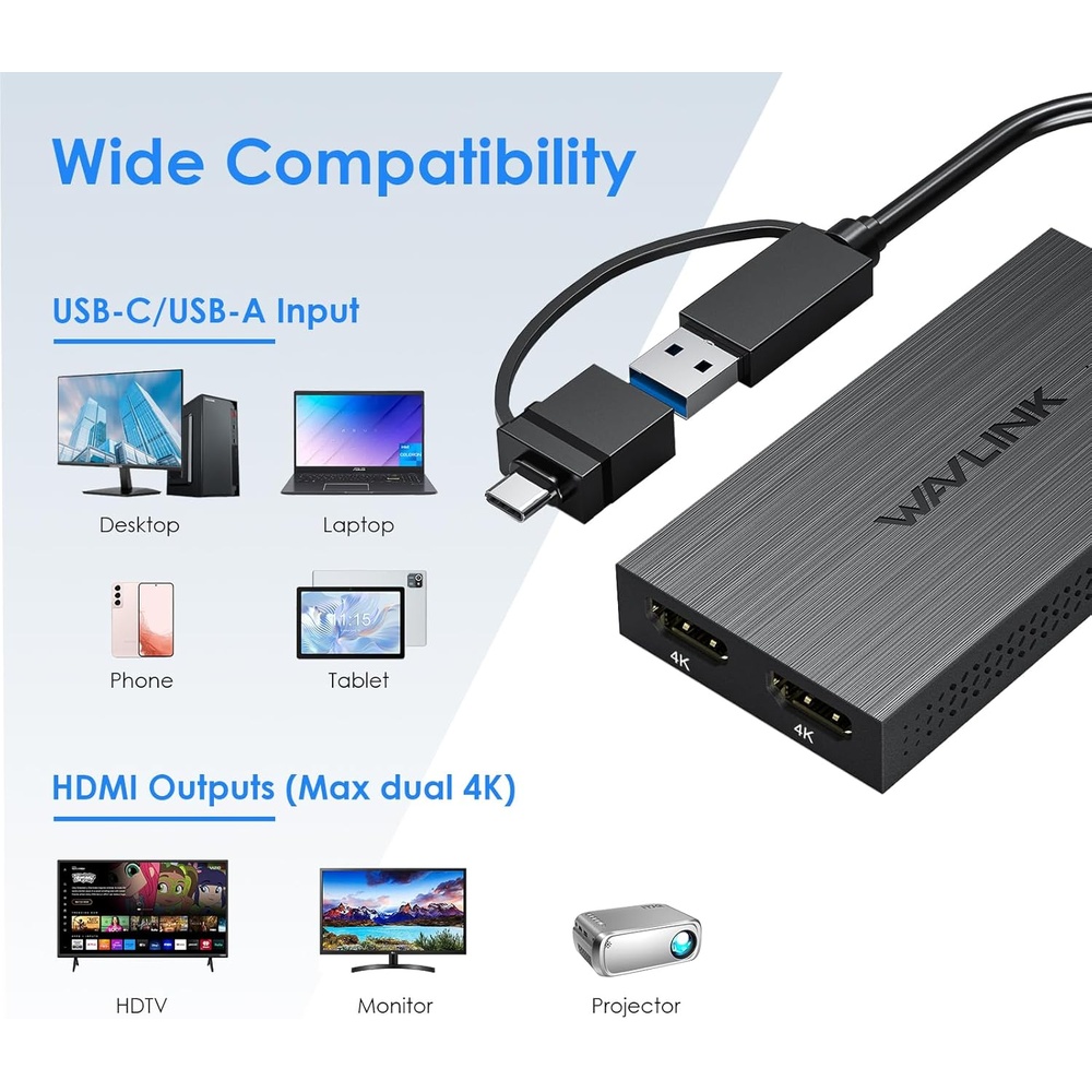 Wavlink Adaptador USB C/A para Dual HDMI 4K 60Hz Monitor