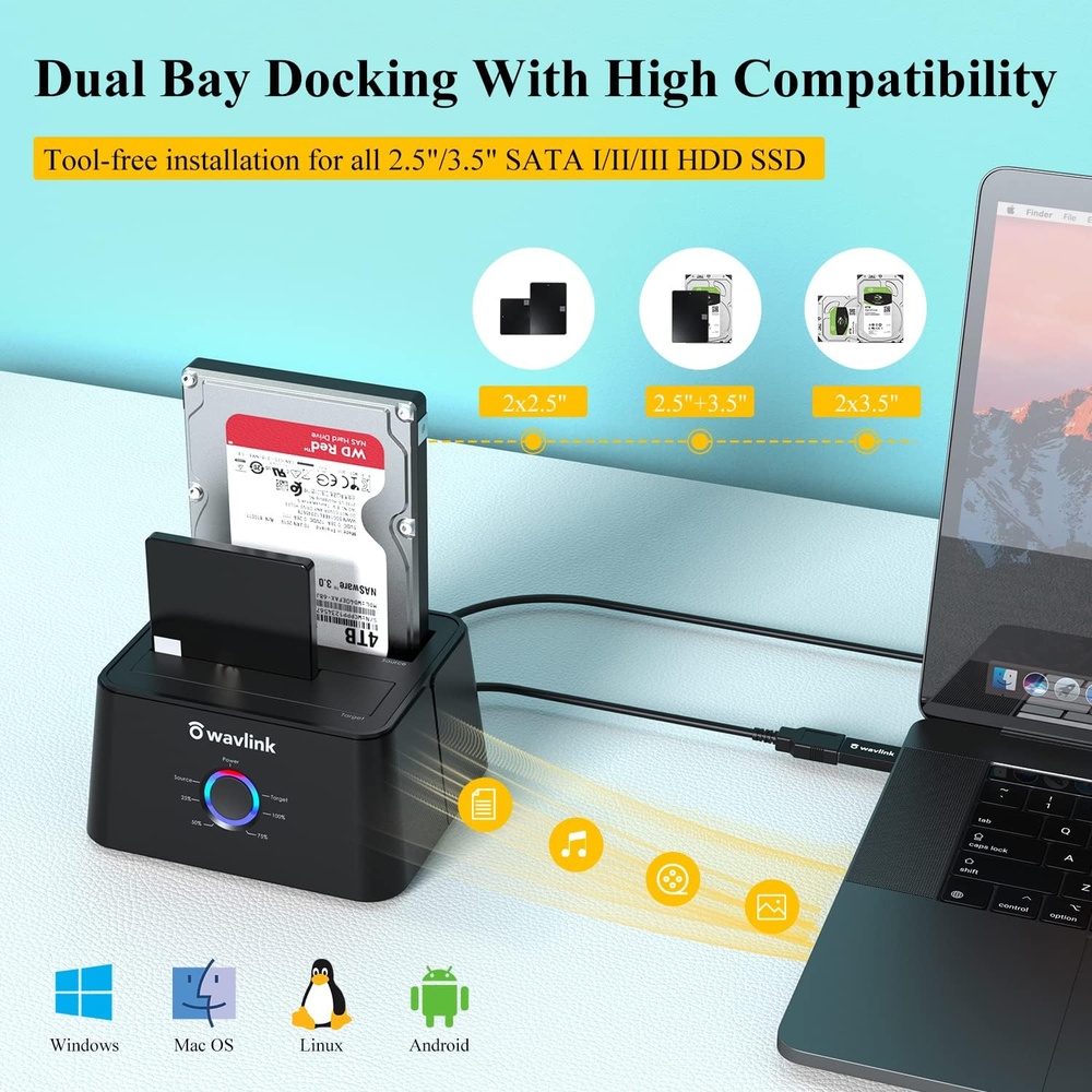 Wavlink Dock Station USB 3.0/C SATA Dual p/ HD SSD Clonagem