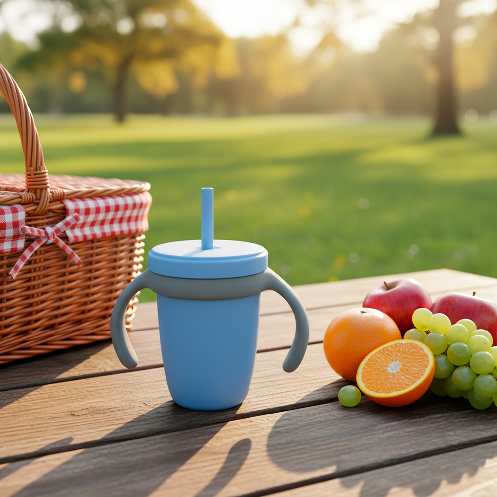 Copo Kuhu 240ml Com Canudo E Tampa Antivazamento Azul