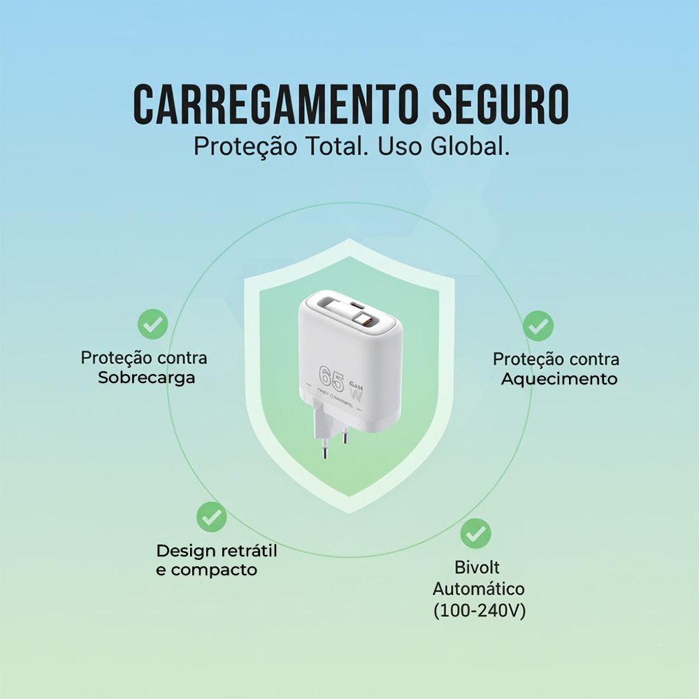 Carregador Rápido Life 65W 2 USB-C PD Celular e Tablet