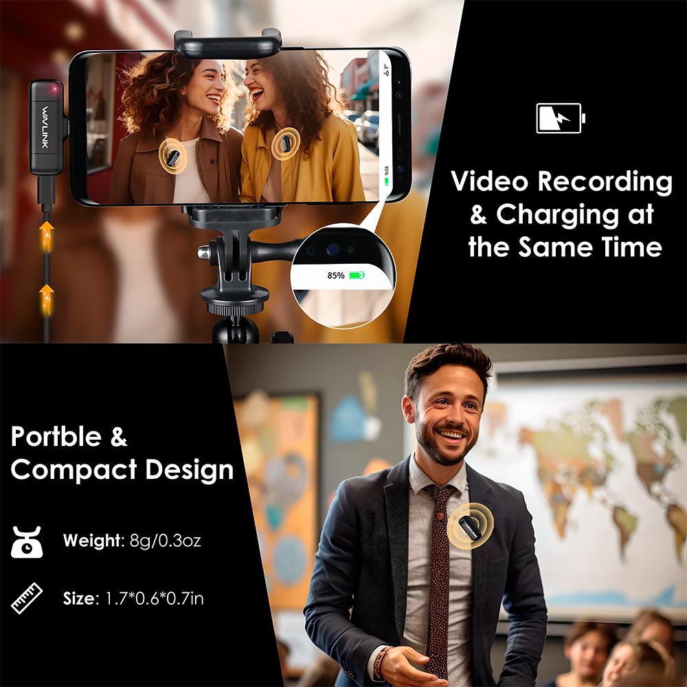 Microfone Sem Fio Wavlink Lapela Celular Vlog iPhone Android