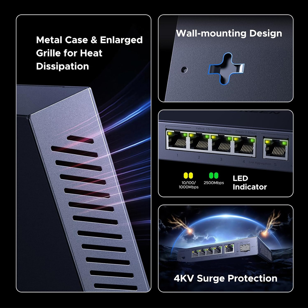 Switch Ethernet UGREEN 2.5Gb 6Porta Gigabit Rápido Plug Play