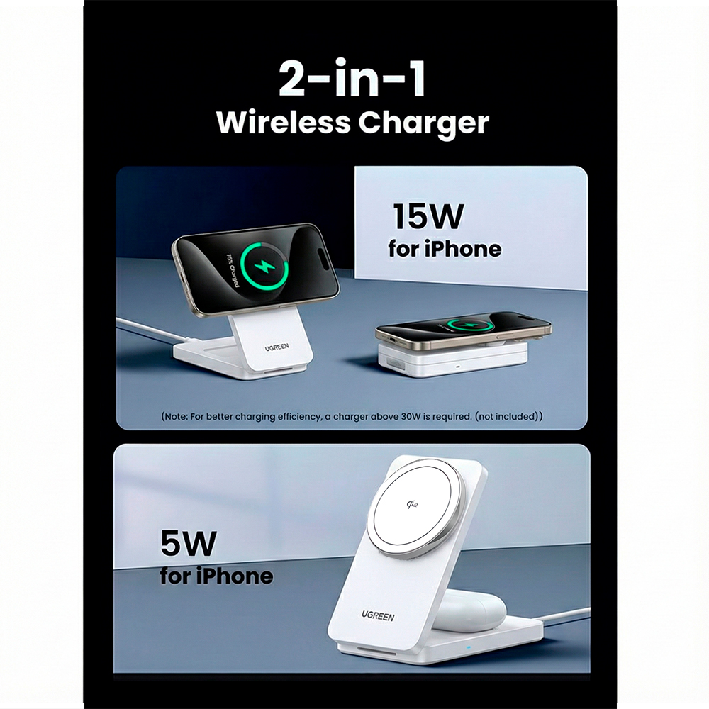 Ugreen Carregador Sem Fio Magnético 2 em 1 Qi2 20W MagSafe