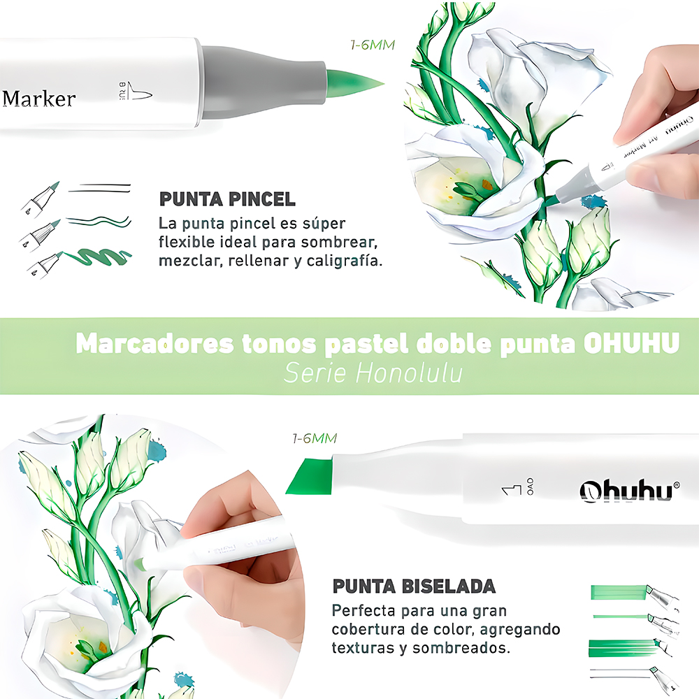 Kit Marcadores Ohuhu Honolulu 48 Cores Ponta Dupla Pastel