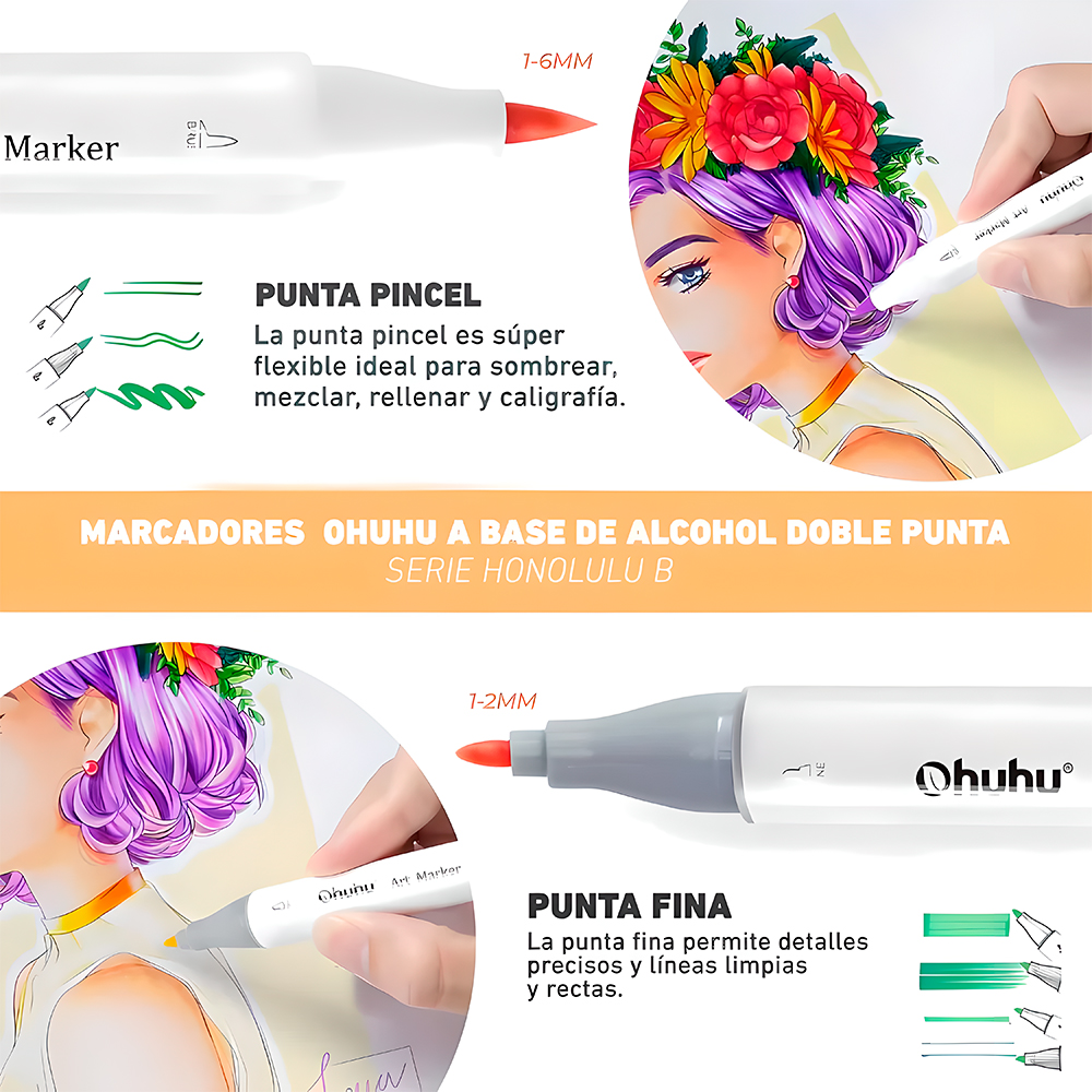 Marcador Álcool Ohuhu Honolulu B 72 Cores Ponta Dupla Arte