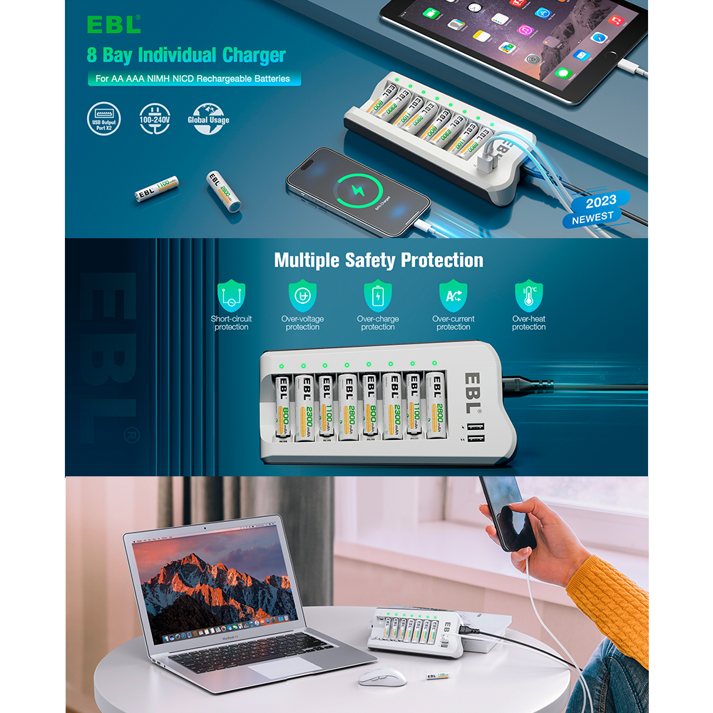 Carregador de Pilhas AA AAA EBL 808U com 2 Portas USB e LED