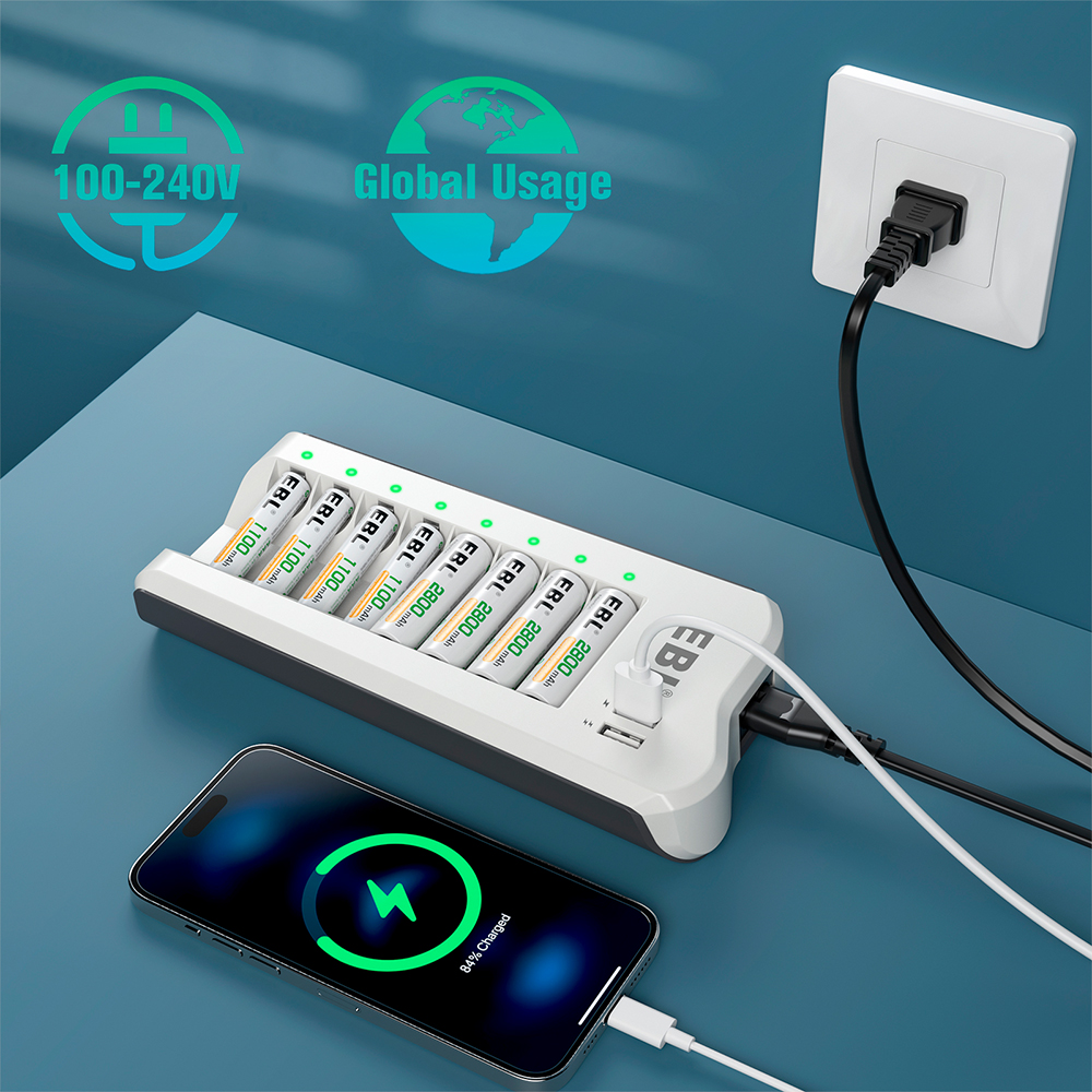 Carregador de Pilhas AA AAA EBL 808U com 2 Portas USB e LED