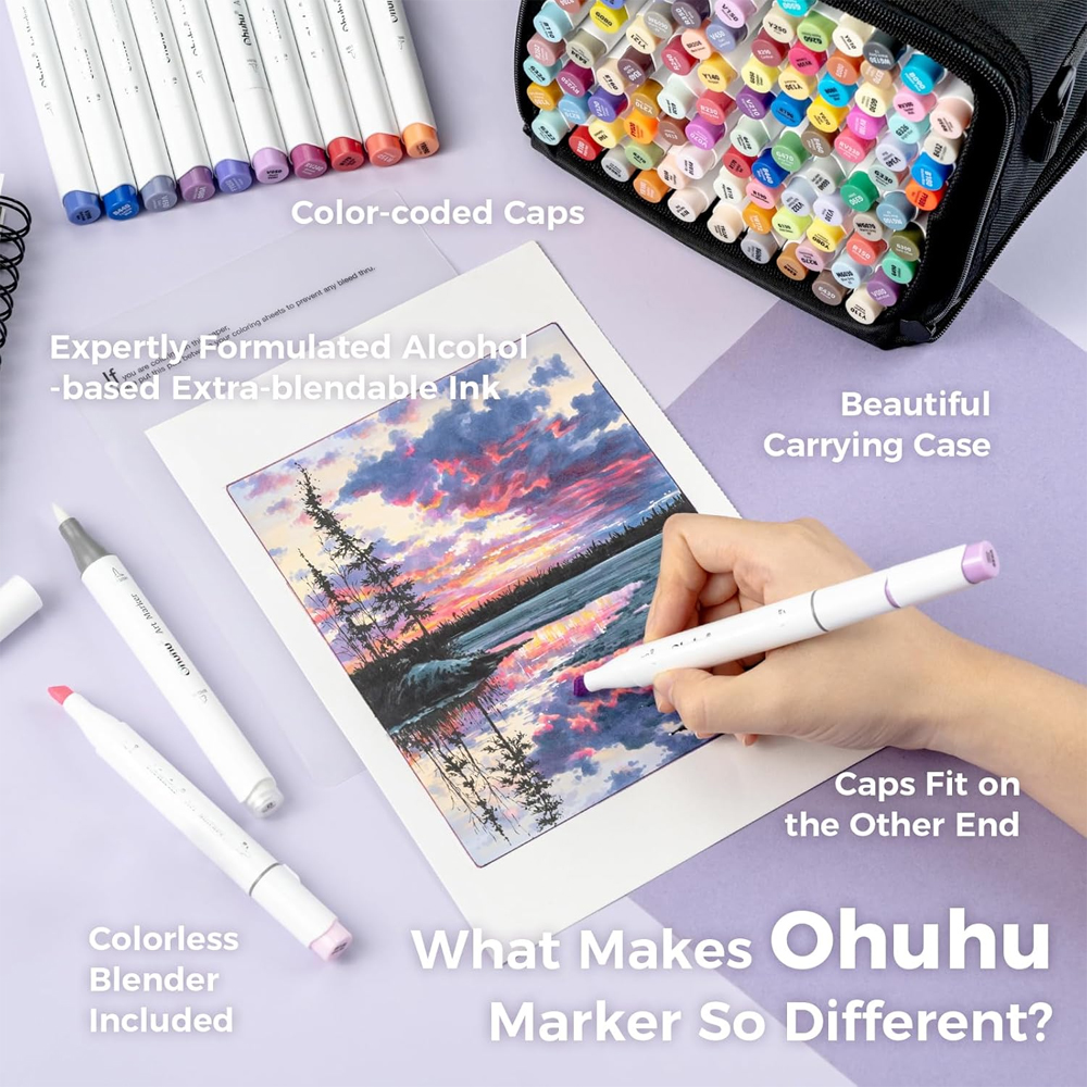 Marcadores Ohuhu Honolulu 104 Cores Ponta Dupla Arte