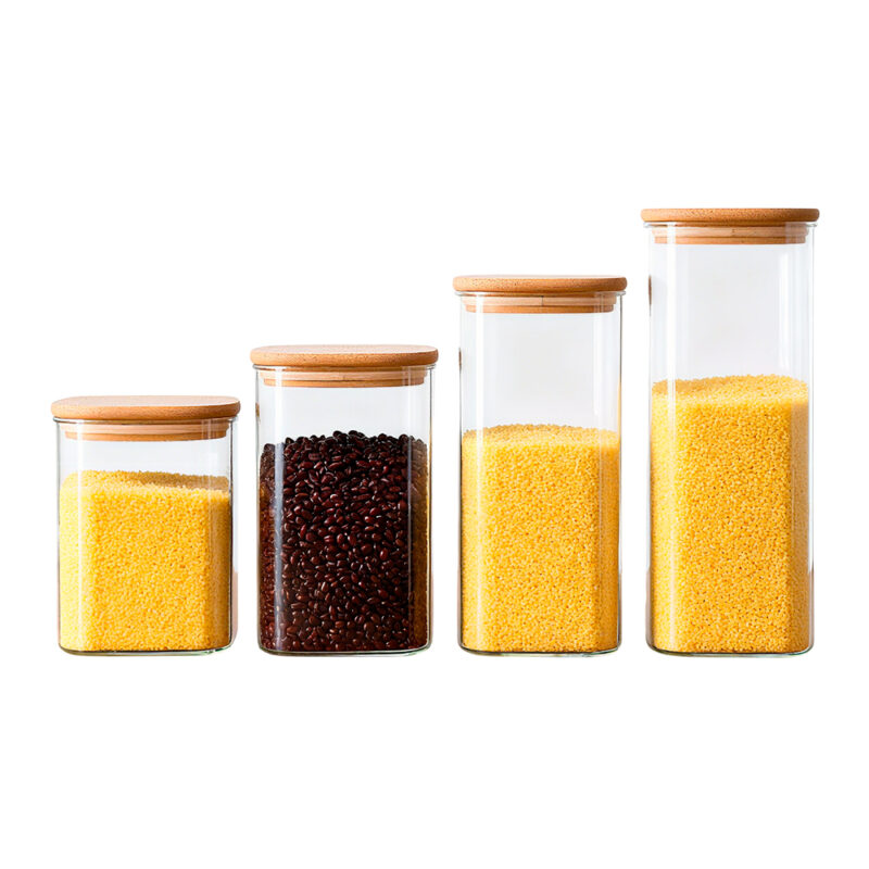 Kit 4 Potes De Vidro Life Quadrado Hermético Tampa Bambu