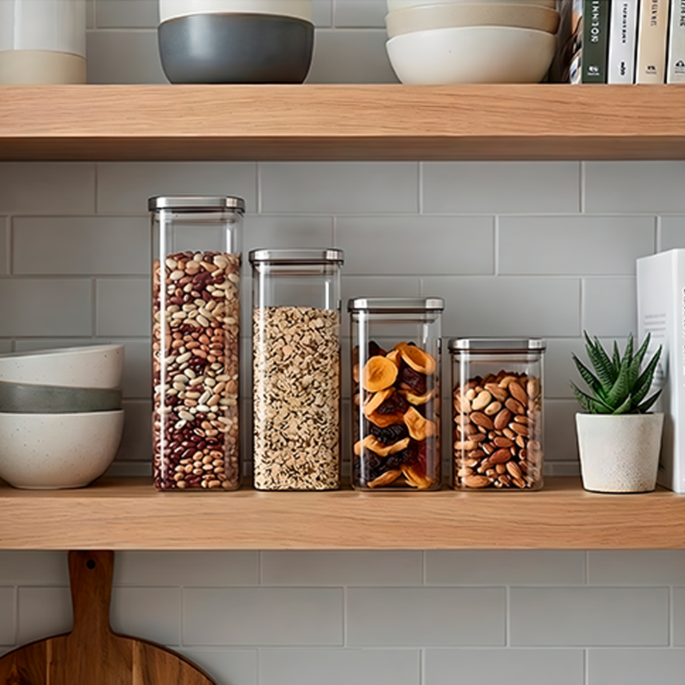 Pote Vidro Hermético Kit 4 Life Quadrado Tampa Inox Cozinha