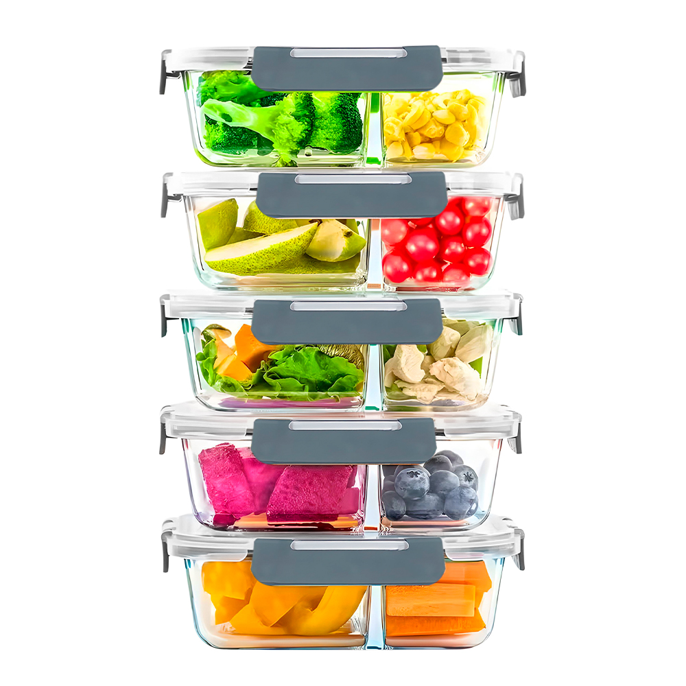 Potes De Vidro Life Kit 5 Marmita 2 Divisórias Hermético