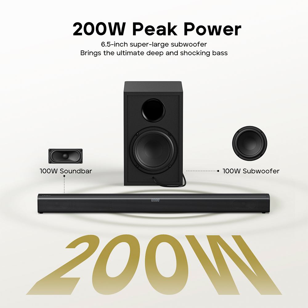Soundbar Tribit S1 2.1 200W Subwoofer BT 5.3 Controle TV LED