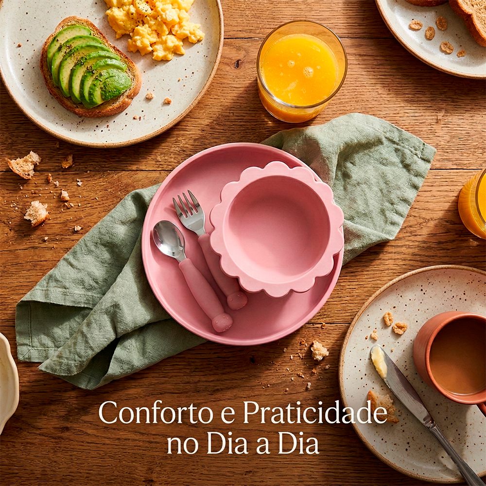 Tigela Talher Silicone Life NT-27 Alimentação Bebê Rosa
