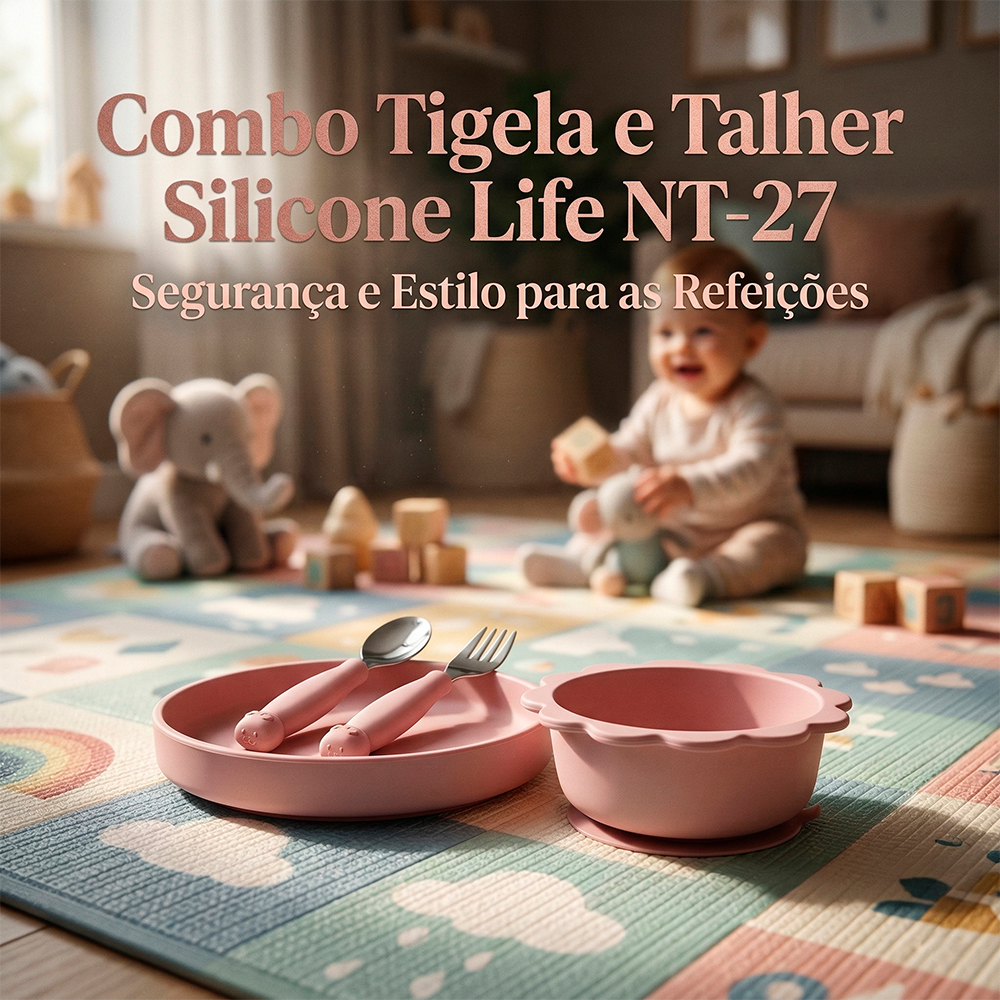 Tigela Talher Silicone Life NT-27 Alimentação Bebê Rosa
