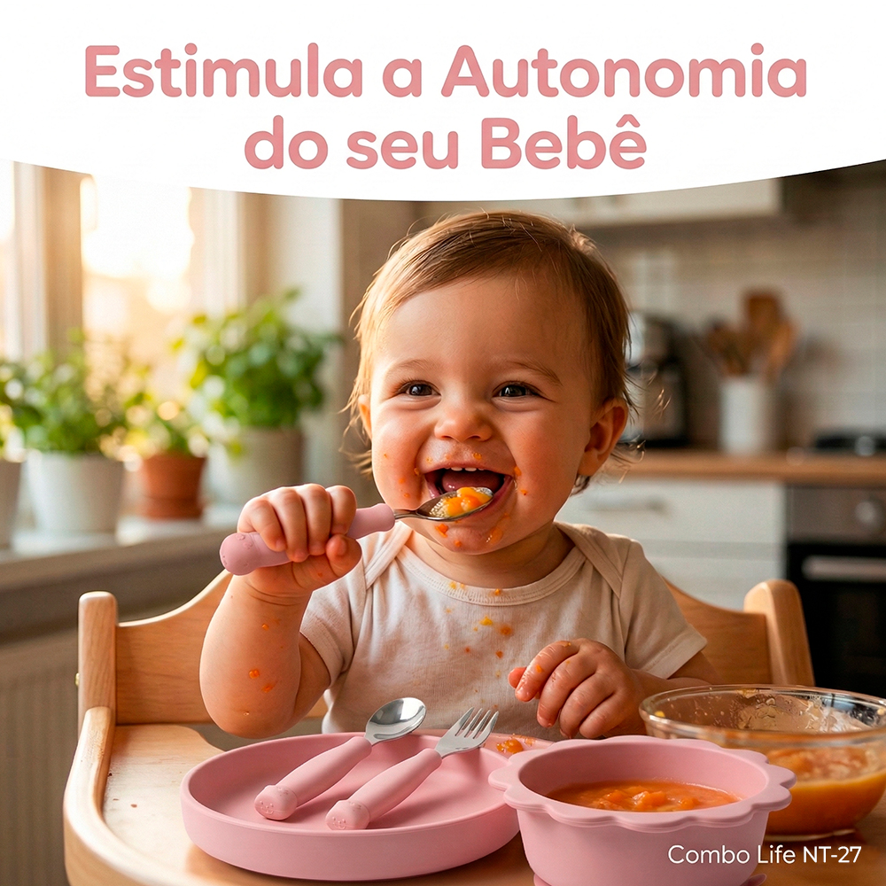 Tigela Talher Silicone Life NT-27 Alimentação Bebê Rosa