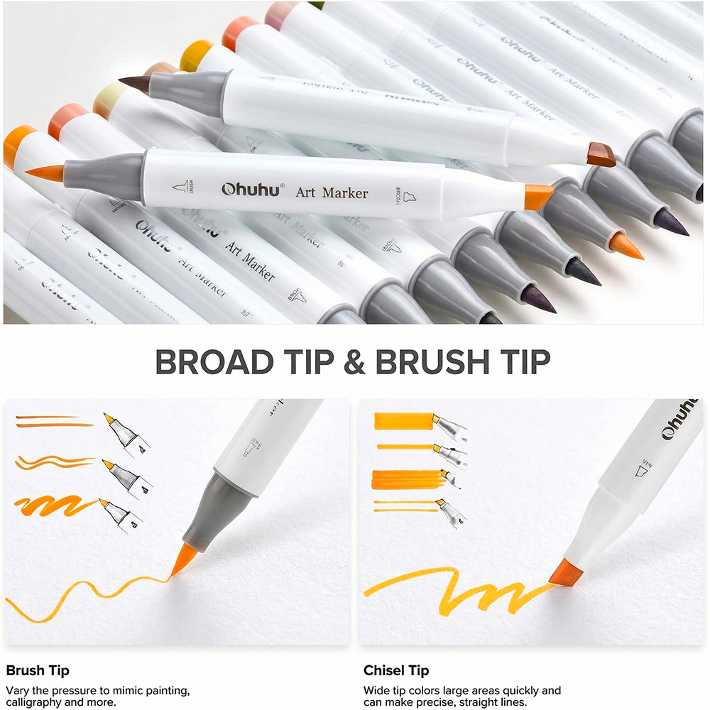 Ohuhu Marcadores Tons Pele Dual Brush Chisel Alcool Arte