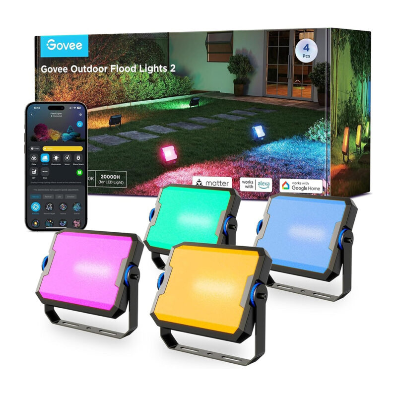 Refletor LED Inteligente Govee RGBIC Jardim IP66 App 4 Pcs